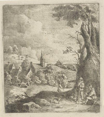 Landschap met een dorp en twee mannen bij een boom door Jan Lauwryn Krafft (I) (attributed to)