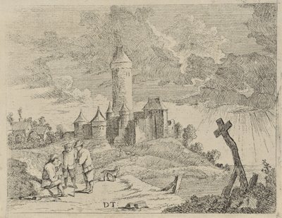 Landschap met kasteel en drie mannen door Jan Lauwryn Krafft (I) (possibly)