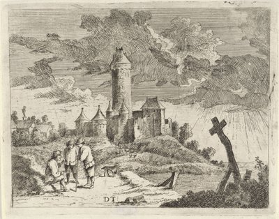 Landschap met kasteel en drie mannen door Jan Lauwryn Krafft (I) (possibly)