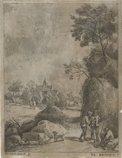 Landschap met reizigers en twee herders door Jan Lauwryn Krafft (I)