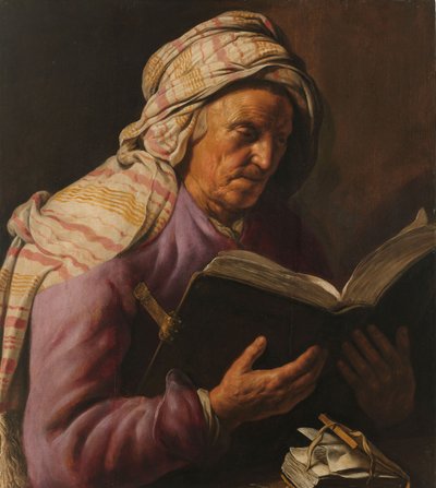 Lezende oude vrouw door Jan Lievensz.