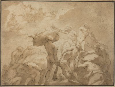 Strijd van de Goden en de Giganten van de berg Olympus en de berg Othrys (pen en bruine inkt met bruin gewassen op gelakt papier) door Jan Luyken