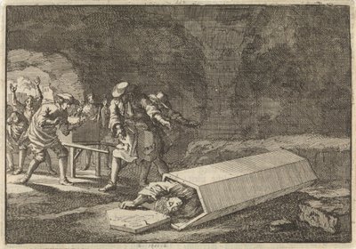 Begrafenisdienaars te Rome zien dat Antonio Marlini die zij enige dagen tevoren in een gewelf hadden bijgezet toen schijndood geweest moet zijn, 1696 door Jan Luyken