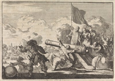 Beleg van Groningen waarbij een kanon door een zestal monniken wordt gezegend, 1672 door Jan Luyken