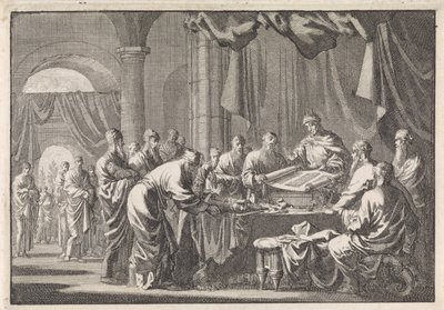 Bijeenkomst van de 72 vertalers van de wet op bevel van koning Ptolemeüs Philadelphus door Jan Luyken