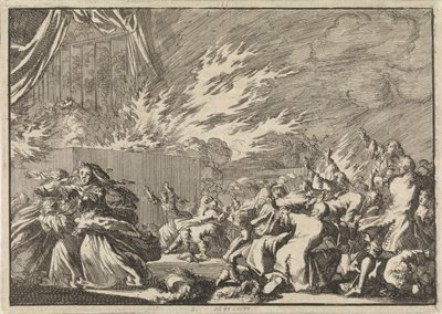 Brand van een houten loods waarin een toneelvoorstelling plaatsvindt naast het slot Amelienborg te Kopenhagen, 1689 door Jan Luyken