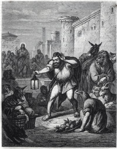 Esop en Christus: de Griekse schrijver Esop (Esop of Esopus, 6e eeuw v.Chr.), met een lantaarn in zijn hand, loopt tussen personages met dierenhoofden op zoek naar "een man". Achter hem zien we Jezus Christus. Illustratie geïnspireerd door de fabel "Esope  door Jan Luyken