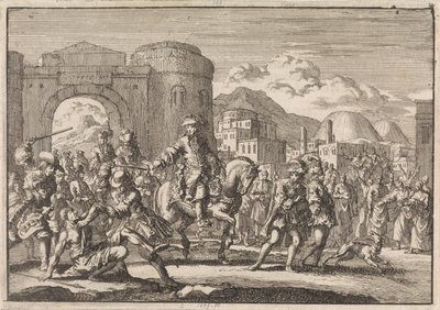 Franse gezant bij de sultan komt te paard Jeruzalem binnen, 1674 door Jan Luyken