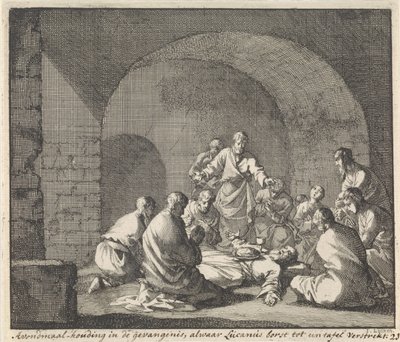 Heilige Lucianus viert het avondmaal in de gevangenis door Jan Luyken