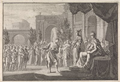 Hyrkanus voor de troon van Ptolemaeus Philadelphus door Jan Luyken