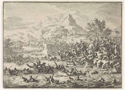 Placidus verslaat de Joden bij de Jordaan en drijft ze in de rivier door Jan Luyken