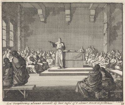 Preek door een priester bij een altaar door Jan Luyken