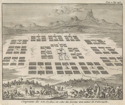 Tentenkampen van de twaalf stammen van Israël opgesteld rondom het tabernakel door Jan Luyken