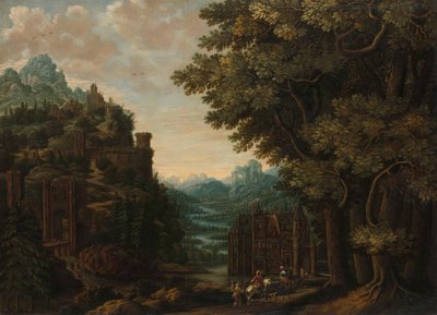 Bergachtig landschap met riviervallei en kastelen door Jan Meerhout