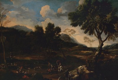 Landschap met een gevecht tussen twee rammen, ca. 1640 door Jan Miel