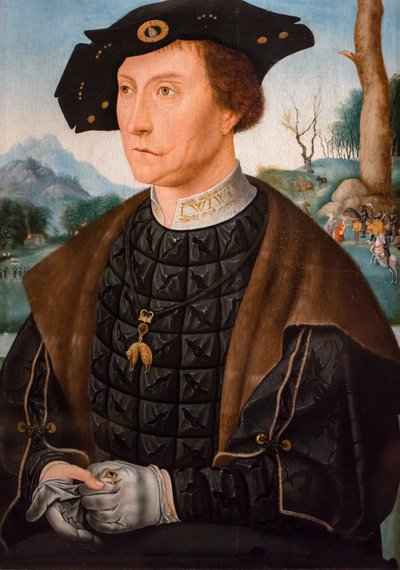 Portret van Jan van Wassenaer burggraaf van Leiden, gouverneur van Friesland door Jan Mostaert