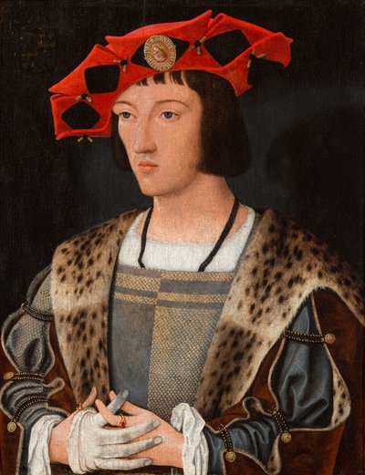 Portret van een man die een handschoen aantrekt door Jan Mostaert