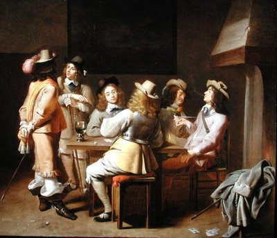 Een Wachtkamer met Soldaten die Kaarten Spelen en Roken aan een Tafel door Jan Olis