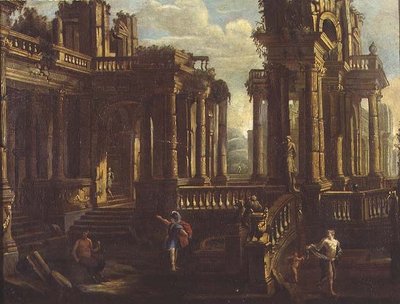 Een capriccio van klassieke ruïnes met een krijger, een sater en Cupido die een nimf achtervolgt door Jan Peeters