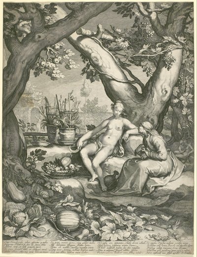 Vertumnus leent de gestalte van een oude vrouw om Pomona