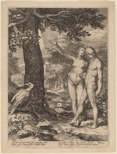 Adam en Eva voor de Boom van Kennis door Jan Pietersz Saenredam after Abraham Bloemaert