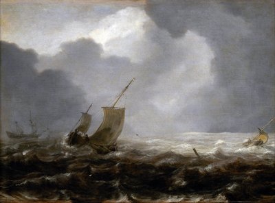 Vissersboten op een winderige dag, op de linker door Jan Porcellis