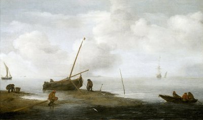 Mosselvisserij, een vissersboot aan de kust, en drie mannen bezig met het verzamelen van mosselen in hun manden. 1622, door Jan Porcellis door Jan Porcellis