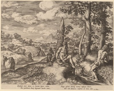Landschap met Drie Naakte Mannen en een Hond door Jan Sadeler I after Gillis Mostaert