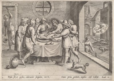 Voorbereiding voor het Pascha door Jan Sadeler I, after Maarten van Cleef