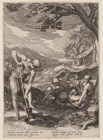 Adam en Eva aan het werk, uit Geschiedenis van de eerste ouders van de mens door Jan Saenredam