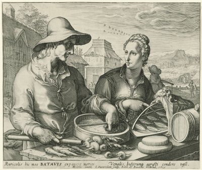 Boer en een boerin bij een marktkraam door Jan Saenredam