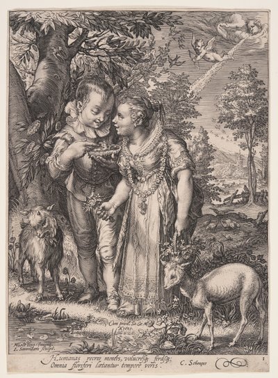 Lente (Twee kinderen spelen met vogel), uit De vier seizoenen door Jan Saenredam