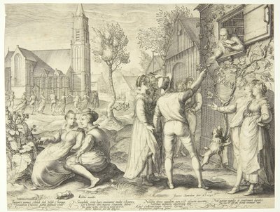 Jong paar dat plezier heeft en weigert advies van een geleerde aan te nemen door Jan Saenredam