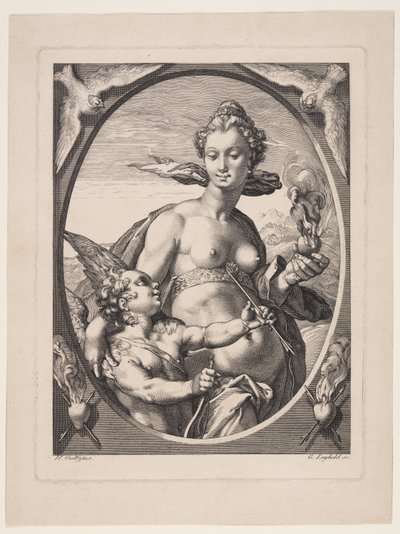 Venus en Amor, uit Drie heidense goden of godinnen door Jan Saenredam