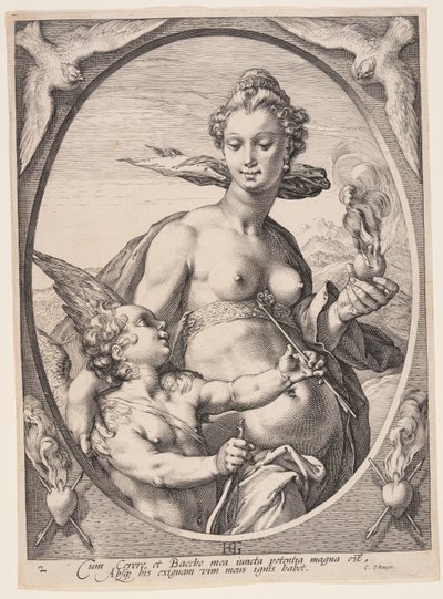 Venus en Amor, uit Drie heidense goden of godinnen door Jan Saenredam