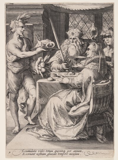 Winter (Banket met Bacchus wachtend op een ouder echtpaar), uit De vier jaargetijden door Jan Saenredam