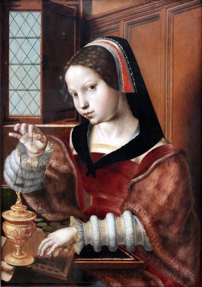 Duits: Die Goldwägerin Vrouw die goud weegt
 Alternatieve titel(s):  
Woman Holding a Balance door Jan Sanders van Hemessen