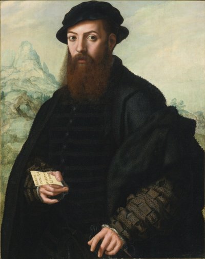 Portret van een bebaarde man, 34 jaar, voor een weids landschap door Jan Sanders van Hemessen