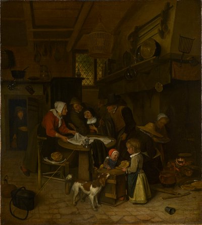 Een scène in een boerenkeuken met een bediende die het laken legt door Jan Steen
