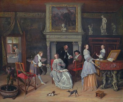 Fantasie Interieur met Jan Steen en de Familie van Gerrit Schouten door Jan Steen