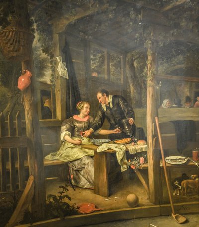 Twee geliefden onder een prieel door Jan Steen