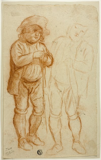 Twee schetsen van staande man leunend op staf door Jan Steen