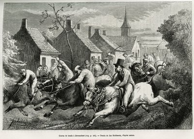 Rennen van ossen in Braesschaet, polderdorp, om het dier te vieren dat in alle zware taken wordt ingezet, hij wordt dan versierd met bloemenkransen, bereden door zijn vee voor een race door het dorp en onder aanmoediging van de menigte. Gravure door Jan S. door Jan Stobbaerts