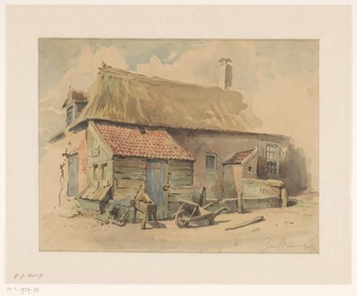 Boerenhuis met houten aanbouw, ervoor een kruiwagen en een slijpsteen door Jan Striening
