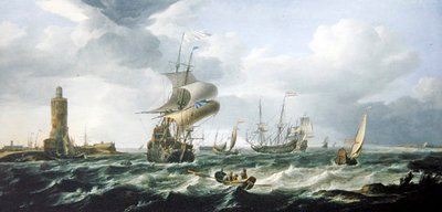 Een Riviermonding met Nederlandse Scheepvaart in een Strakke Bries door Jan Theunisz Blankerhoff