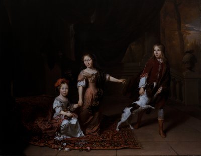 Kinderen spelen met een hond in een woonkamer door Jan Verkolje