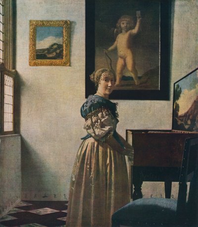 Een jonge vrouw staand bij een virginaal, circa 1670-1672 door Jan Vermeer van Delft