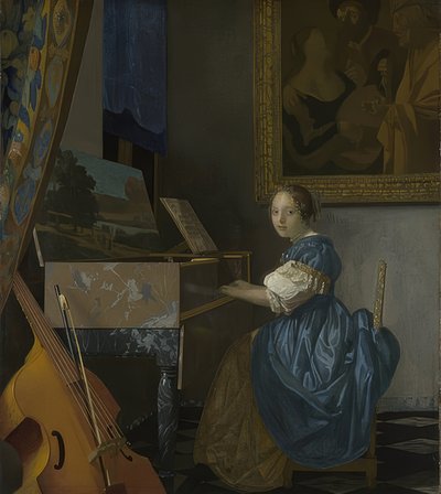 Jonge vrouw, zittend aan een virginaal door Jan Vermeer van Delft