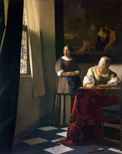 Dame die een brief schrijft met haar dienstmeid door Jan Vermeer van Delft