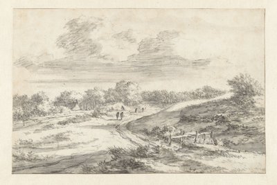 Duinlandschap met figuren langs een weg, met een huisje in de verte door Jan Vermeer van Haarlem (I) (attributed to)